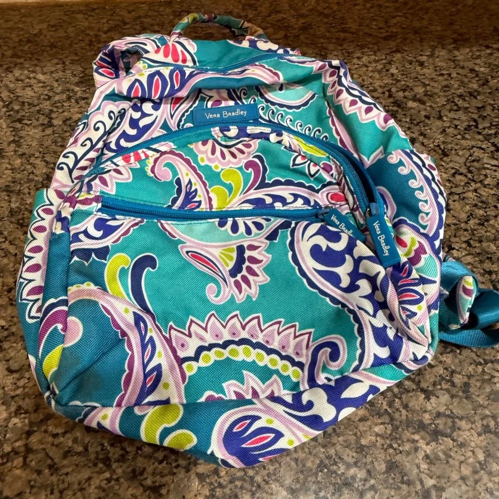 Vera Bradley Teal Purple Paisley Canvas Backpack‎ Front Zip Pocket Adjustable